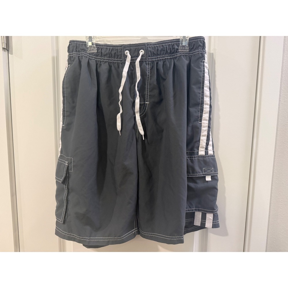 Kanu Surf Mens Grey White Striped Cargo Board Shorts Swim Trunks Size XL